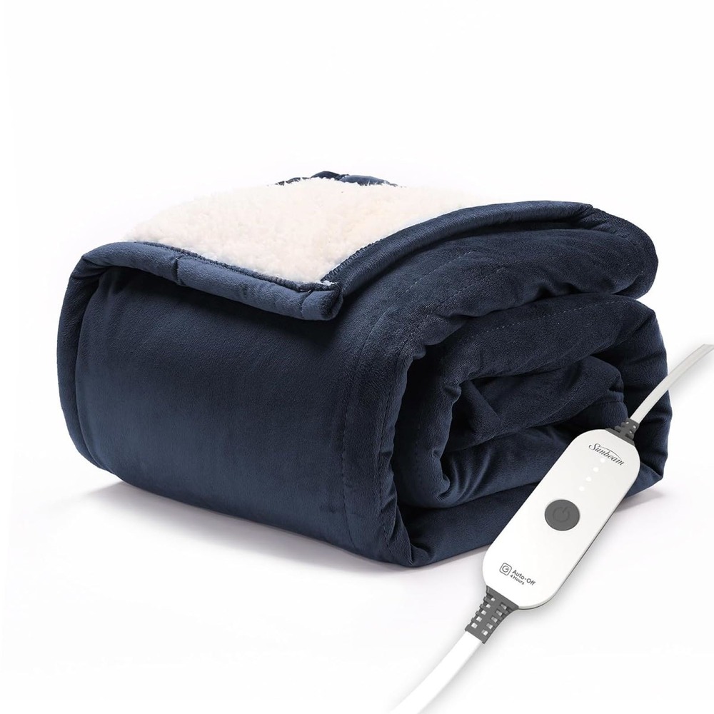 Sunbeam Royal Mink Sherpa Admiral Blue Heated Personal Throw Blanket Adjustable
